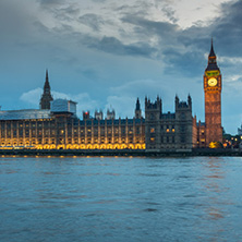 LONDON, ENGLAND - JUNE 16 2016: Night photo of Houses of Parliament with Big Ben from Westminster bridge, London, England, Great Britain