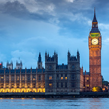 LONDON, ENGLAND - JUNE 16 2016: Night photo of Houses of Parliament with Big Ben from Westminster bridge, London, England, Great Britain