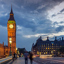 LONDON, ENGLAND - JUNE 16 2016: Night photo of Houses of Parliament with Big Ben from Westminster bridge, London, England, Great Britain