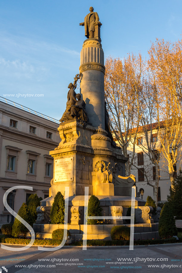 MADRID, SPAIN - JANUARY 22, 2018: Sunset view of Monument of Francisco Romero Robledo and Senate in City of Madrid, Spain