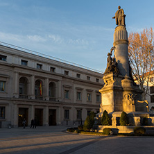 MADRID, SPAIN - JANUARY 22, 2018: Sunset view of Monument of Francisco Romero Robledo and Senate in City of Madrid, Spain