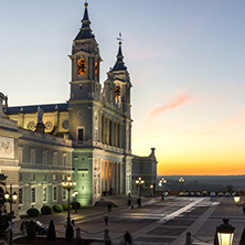 MADRID, SPAIN - JANUARY 22, 2018:  Amazing Sunset view of Almudena Cathedral in City of Madrid, Spain