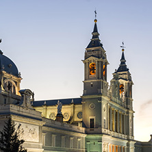 MADRID, SPAIN - JANUARY 22, 2018:  Amazing Sunset view of Almudena Cathedral in City of Madrid, Spain