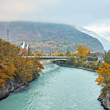 SAINT MAURICE, SWITZERLAND - OCTOBER 27, 2015:  Amazing Autumn Landscape of Rhone River, canton of Vaud, Switzerland