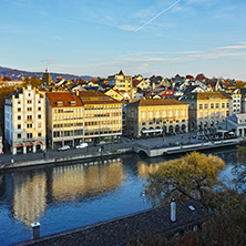 ZURICH, SWITZERLAND -OCTOBER 28, 2015 : Panorama of city of Zurich and Limmat River, Switzerland