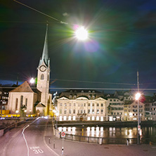 ZURICH, SWITZERLAND -OCTOBER 28, 2015: Amazing Night photo of Zurich and Limmat River, Switzerland