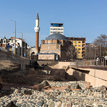 SOFIA, BULGARIA - MARCH 17, 2018:  Banya Bashi Mosque and ruins of ancient Serdica in Sofia, Bulgaria