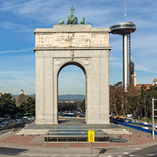 MADRID, SPAIN - JANUARY 23, 2018: Memory Arch and Lighthouse of Moncloa in City of Madrid, Spain