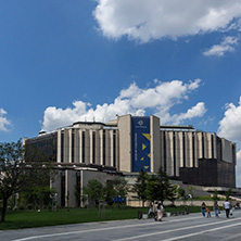 SOFIA, BULGARIA -MAY 20, 2018: Walking people in front of  National Palace of Culture in Sofia, Bulgaria