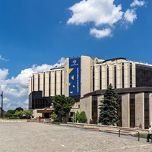 SOFIA, BULGARIA -MAY 20, 2018: Walking people in front of  National Palace of Culture in Sofia, Bulgaria