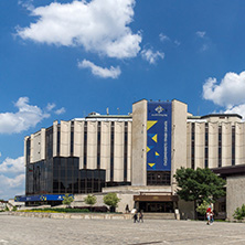 SOFIA, BULGARIA -MAY 20, 2018: Walking people in front of  National Palace of Culture in Sofia, Bulgaria