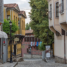 PLOVDIV, BULGARIA - MAY 24, 2018: Sunset view of House from the period of Bulgarian Revival in old town of Plovdiv, Bulgaria