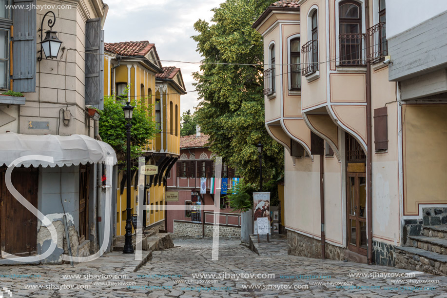 PLOVDIV, BULGARIA - MAY 24, 2018: Sunset view of House from the period of Bulgarian Revival in old town of Plovdiv, Bulgaria