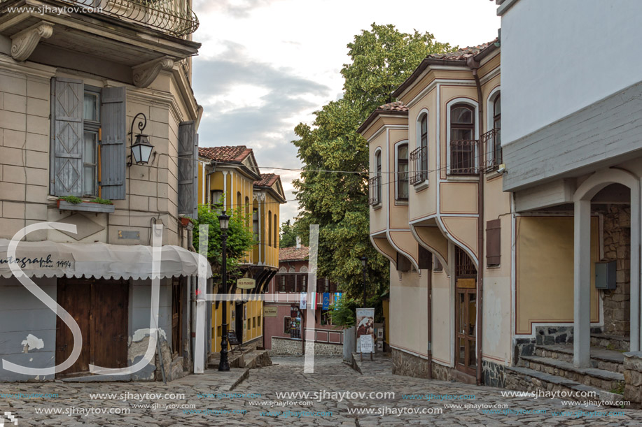 PLOVDIV, BULGARIA - MAY 24, 2018: Sunset view of House from the period of Bulgarian Revival in old town of Plovdiv, Bulgaria