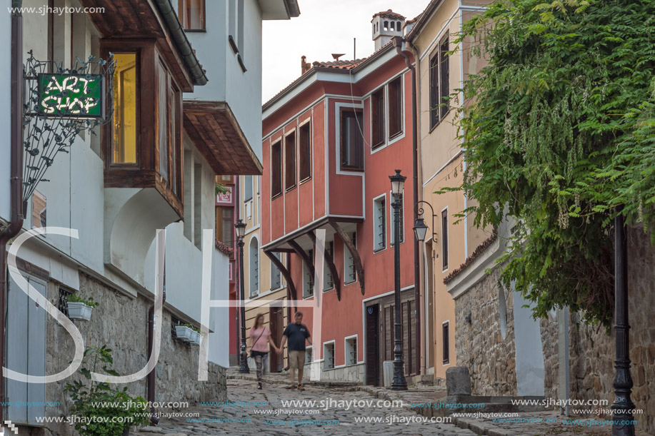 PLOVDIV, BULGARIA - MAY 24, 2018: Sunset view of House from the period of Bulgarian Revival in old town of Plovdiv, Bulgaria