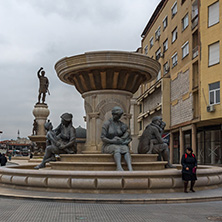 SKOPJE, REPUBLIC OF MACEDONIA - FEBRUARY 24, 2018:  Olympias Monument and Philip II of Macedon Monument at Skopje City Center, Republic of Macedonia