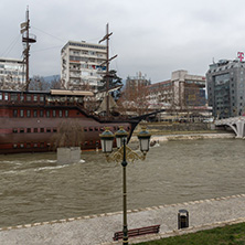 SKOPJE, REPUBLIC OF MACEDONIA - FEBRUARY 24, 2018: River Vardar passing through City of Skopje center, Republic of Macedonia