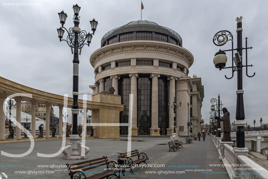 SKOPJE, REPUBLIC OF MACEDONIA - FEBRUARY 24, 2018: colonnade near Vardar River in  the center of City of Skopje, Republic of Macedonia