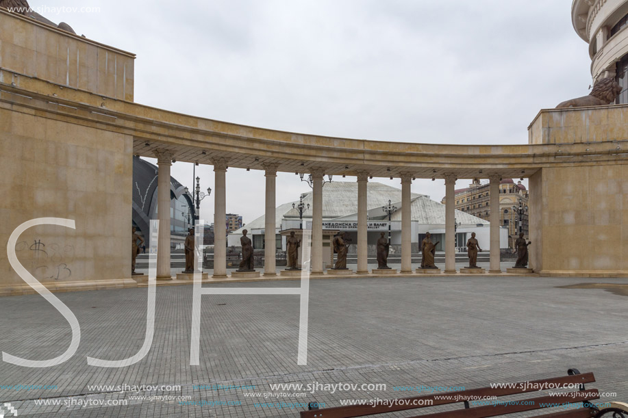 SKOPJE, REPUBLIC OF MACEDONIA - FEBRUARY 24, 2018: colonnade near Vardar River in  the center of City of Skopje, Republic of Macedonia