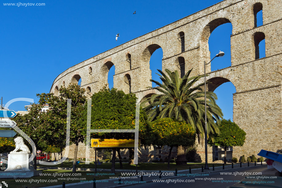 KAVALA, GREECE - DECEMBER 27, 2015:   Ruins of medieval aqueduct in Kavala, East Macedonia and Thrace, Greece