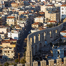 KAVALA, GREECE - DECEMBER 27, 2015: Sunset view of Ruins of fortress and Panorama to Kavala, East Macedonia and Thrace, Greece