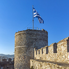 KAVALA, GREECE - DECEMBER 27, 2015:  Tower of the Byzantine fortress in Kavala, East Macedonia and Thrace, Greece