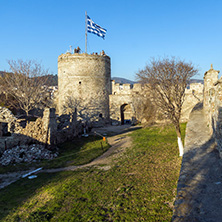 KAVALA, GREECE - DECEMBER 27, 2015:  Tower of the Byzantine fortress in Kavala, East Macedonia and Thrace, Greece