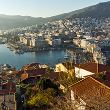 KAVALA, GREECE - DECEMBER 27, 2015: Sunset view of Ruins of fortress and Panorama to Kavala, East Macedonia and Thrace, Greece