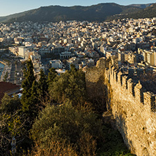 KAVALA, GREECE - DECEMBER 27, 2015: Sunset view of Ruins of fortress and Panorama to Kavala, East Macedonia and Thrace, Greece