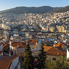 KAVALA, GREECE - DECEMBER 27, 2015: Sunset view of Ruins of fortress and Panorama to Kavala, East Macedonia and Thrace, Greece