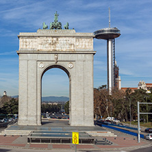 MADRID, SPAIN - JANUARY 23, 2018: Memory Arch and Lighthouse of Moncloa in City of Madrid, Spain