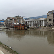 SKOPJE, REPUBLIC OF MACEDONIA - FEBRUARY 24, 2018: Vardar River passing through City of Skopje center, Republic of Macedonia