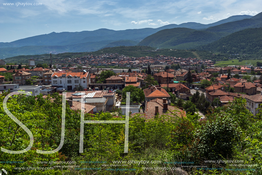 PESHTERA, BULGARIA - MAY 5, 2018: Panoramic view of town of Peshtera From The Peristera fortress, Pazardzhik Region, Bulgaria
