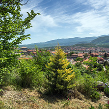 PESHTERA, BULGARIA - MAY 5, 2018: Panoramic view of town of Peshtera From The Peristera fortress, Pazardzhik Region, Bulgaria