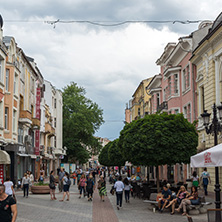 PLOVDIV, BULGARIA - MAY 25, 2018:  Walking people at central street in city of Plovdiv, Bulgaria