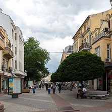 PLOVDIV, BULGARIA - MAY 25, 2018:  Walking people at central street in city of Plovdiv, Bulgaria