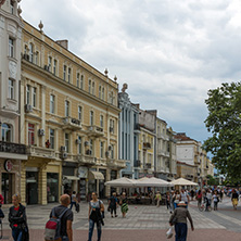 PLOVDIV, BULGARIA - MAY 25, 2018:  Walking people at central street in city of Plovdiv, Bulgaria