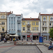 PLOVDIV, BULGARIA - MAY 25, 2018:  Walking people at central street in city of Plovdiv, Bulgaria