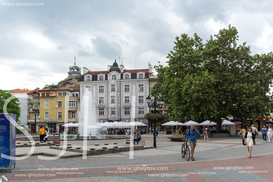 PLOVDIV, BULGARIA - MAY 25, 2018:  Walking people at central street in city of Plovdiv, Bulgaria