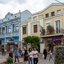 PLOVDIV, BULGARIA - MAY 25, 2018:  Walking people at central street in city of Plovdiv, Bulgaria