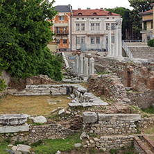 PLOVDIV, BULGARIA - MAY 25, 2018:  Panorama of Ruins of Roman Odeon in city of Plovdiv, Bulgaria