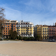 MADRID, SPAIN - JANUARY 23, 2018:  Typical street and Building  in City of Madrid, Spain