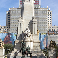 MADRID, SPAIN - JANUARY 23, 2018:   Monument to Cervantes and Don Quixote and Sancho Panza at Spain Square in City of Madrid, Spain