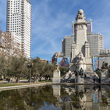 MADRID, SPAIN - JANUARY 23, 2018:   Monument to Cervantes and Don Quixote and Sancho Panza at Spain Square in City of Madrid, Spain