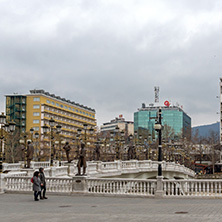 SKOPJE, REPUBLIC OF MACEDONIA - FEBRUARY 24, 2018:  Art Bridge and Vardar River  in city of  Skopje, Republic of Macedonia