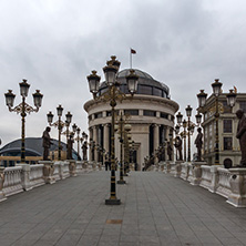 SKOPJE, REPUBLIC OF MACEDONIA - FEBRUARY 24, 2018:  Art Bridge and Vardar River  in city of  Skopje, Republic of Macedonia