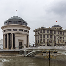 SKOPJE, REPUBLIC OF MACEDONIA - FEBRUARY 24, 2018:  Art Bridge and Vardar River  in city of  Skopje, Republic of Macedonia