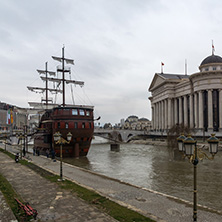 SKOPJE, REPUBLIC OF MACEDONIA - FEBRUARY 24, 2018: River Vardar passing through City of Skopje center, Republic of Macedonia