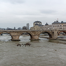 SKOPJE, REPUBLIC OF MACEDONIA - FEBRUARY 24, 2018:  Skopje City Center, Old Stone Bridge and Vardar River, Republic of Macedonia