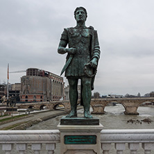 SKOPJE, REPUBLIC OF MACEDONIA - FEBRUARY 24, 2018:  Statue at  Bridge of Civilizations, Republic of Macedonia